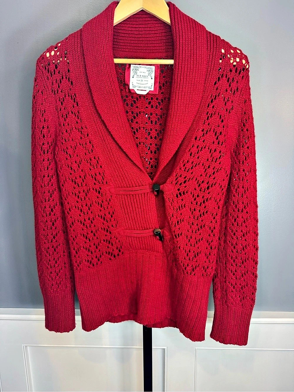 Old Navy Y2K Lambswool Angora Open Knit Toggle Cardigan Red M